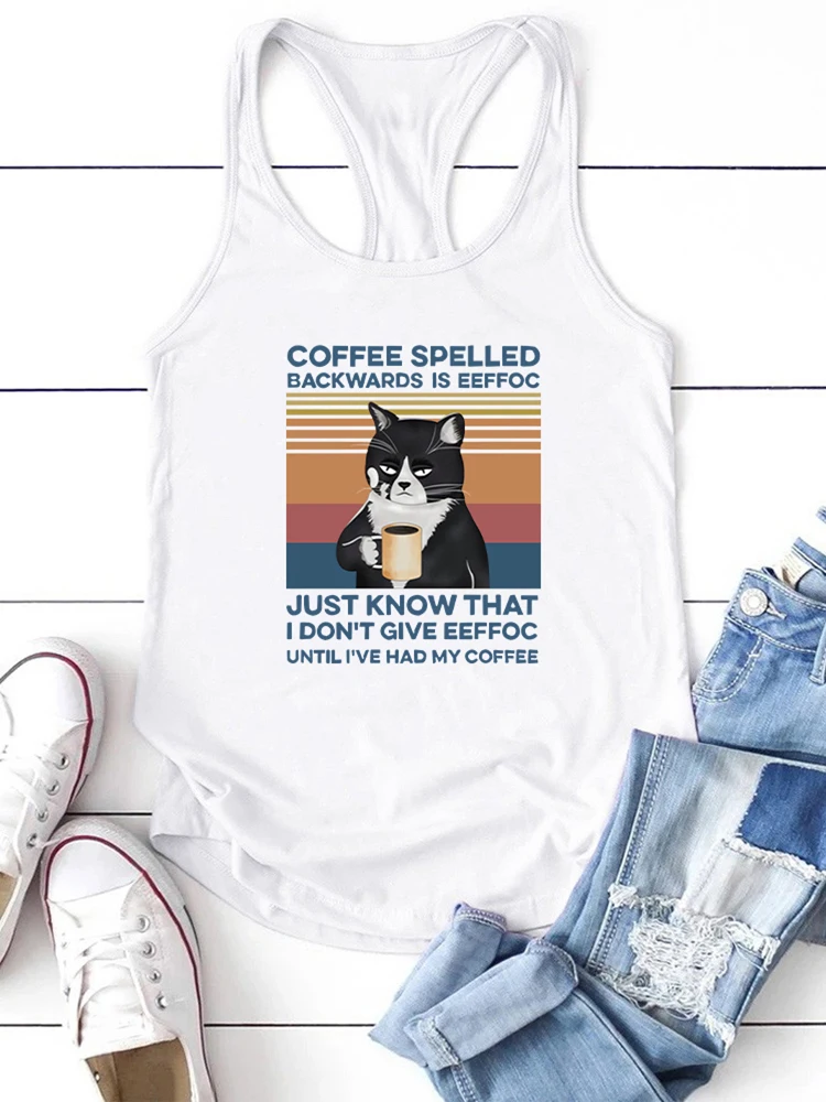 Sleeveless Summer Loose Tee Shirt for Women Tops Casual Vest Coffee Spelled Backwards Eeffoc Print Funny Cat Women's Tank Top