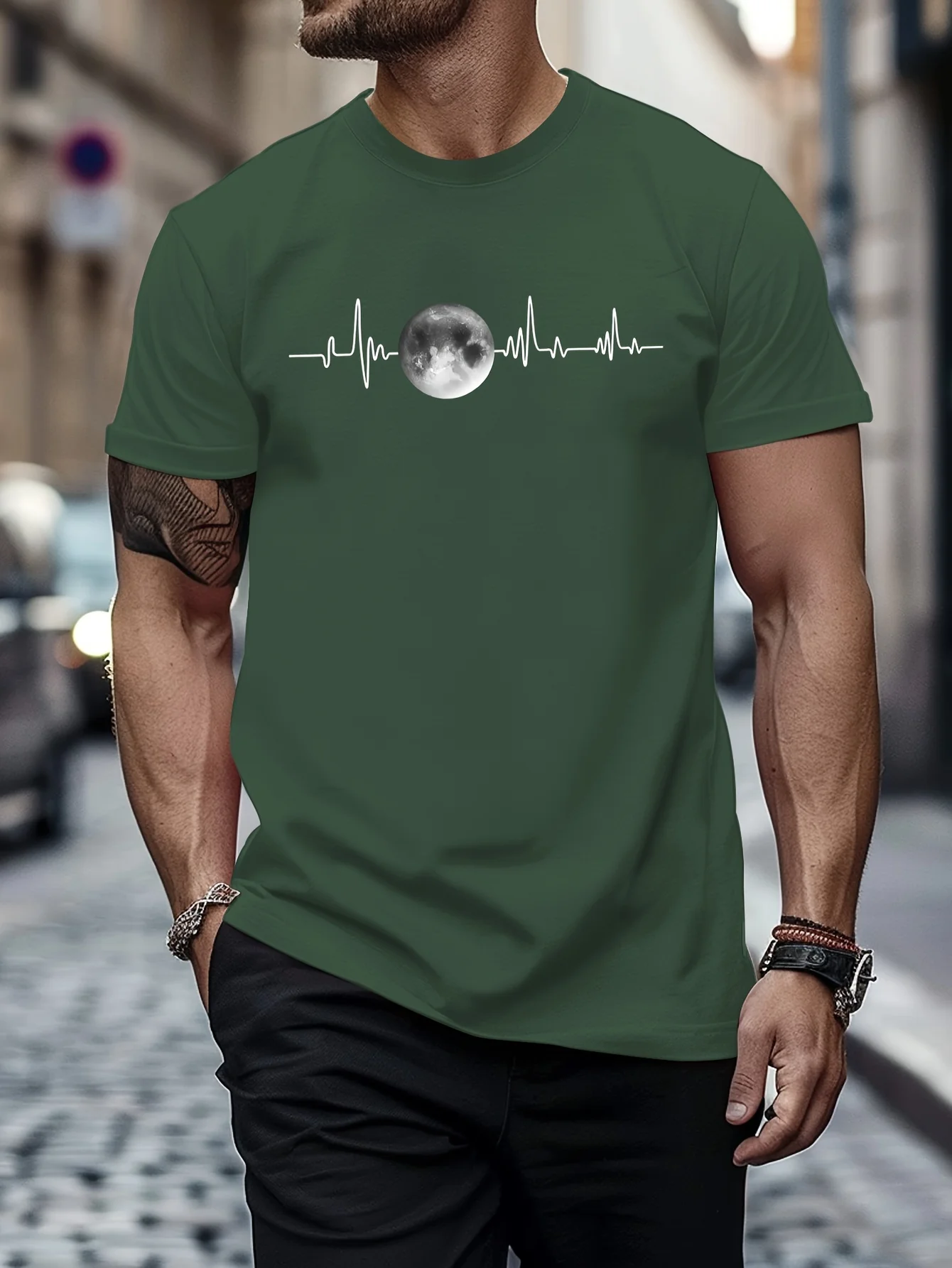 Summer men\'s 100% pure cotton sports casual loose fit plus size moon print comfortable round neck short sleeved T-shirt top