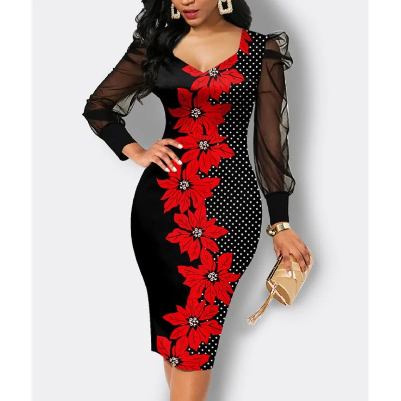 

Women's Dress V-neck Split Lace Bandage Dresses A-line Elegant Long Sleeve Casual Dresses Sexy Printed Female Clothes