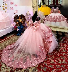 Pink Tulle Flower Girl Dress For Wedding Sleeveless Applique With Bow Puffy Floor Length Princess Kids First Communion Ball Gown