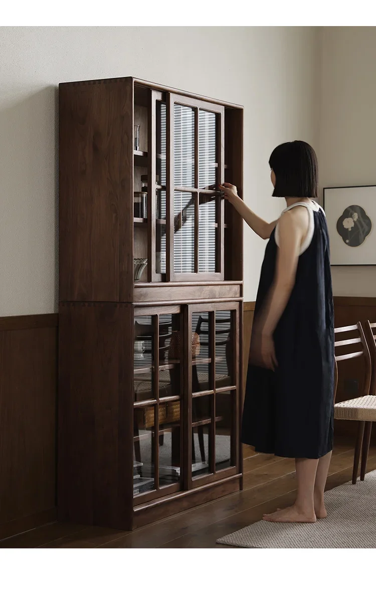 A Nordic Style Solid Wood Sideboard Integrated Glass Storage High Cabinet Modern Minimalist Storage Cabinet