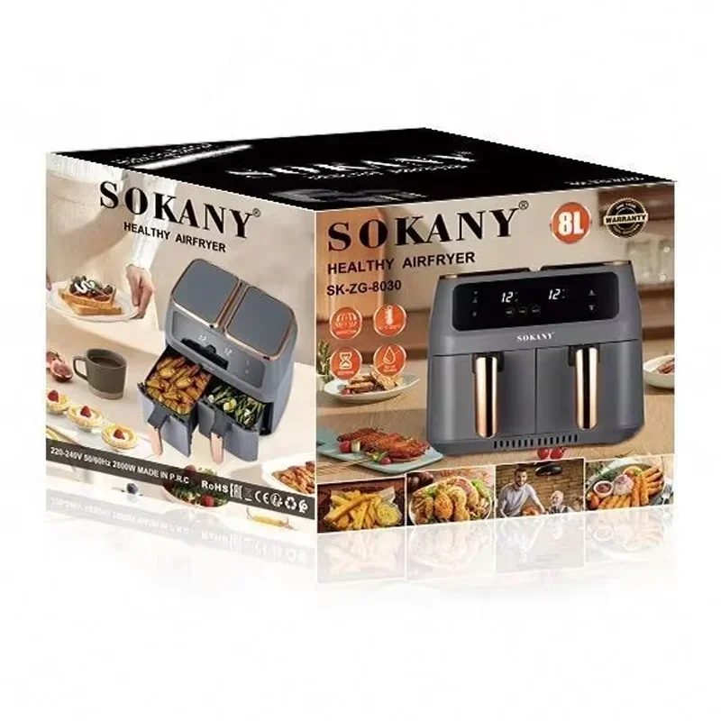 Gran oferta freidora eléctrica inteligente con pantalla táctil para el hogar, horno de 8L, freidora de aire doble de 2800W con 2 cestas para freír independientes