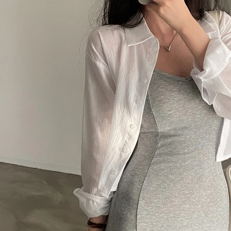 Summer Women\'s Casual Shirt Summer Solid Color Lapel Back Strap Casual Fashion Chiffon Long Sleeve Sun Protection Cardigan Shirt