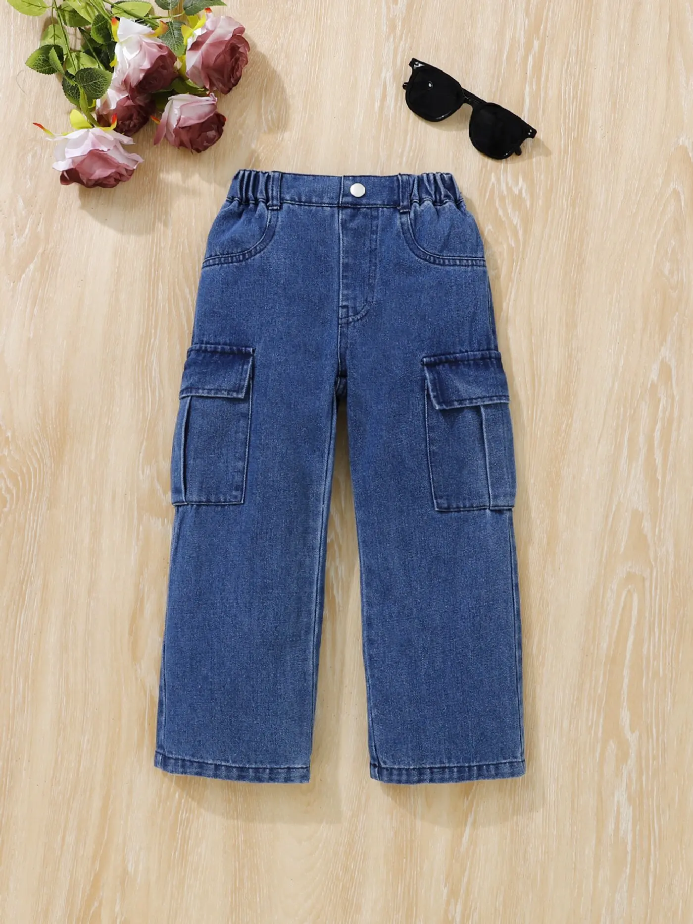 Girls'denim pants children's four seasons side pocket overalls elastic waist denim dark blue