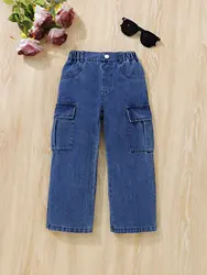 Girls'denim pants children's four seasons side pocket overalls elastic waist denim dark blue