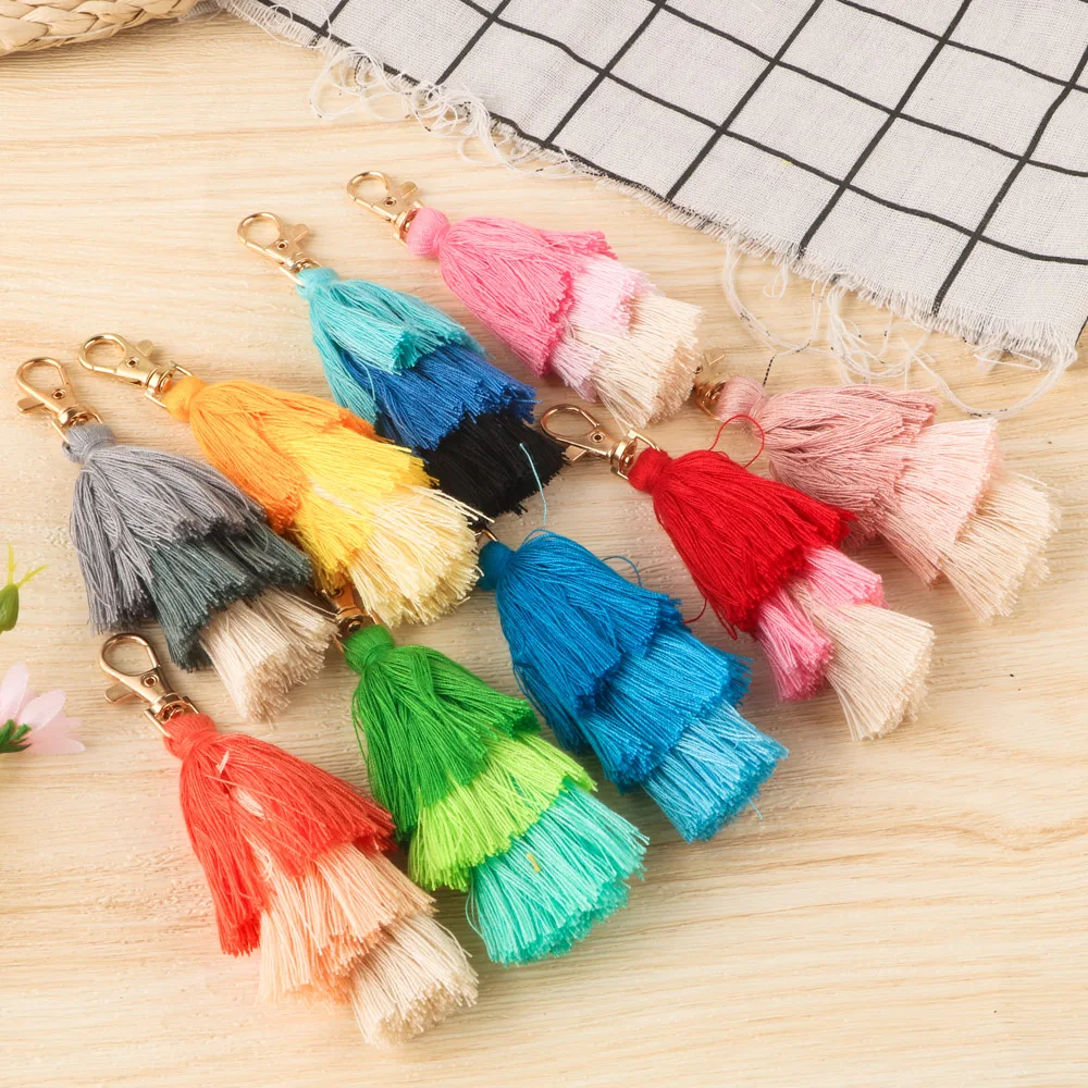 Kovict 2Pcs Creative New Bohemian Ethnic Style Three-layer Tassel Keychain Pendant Fashion Bag Key Rings Accessories