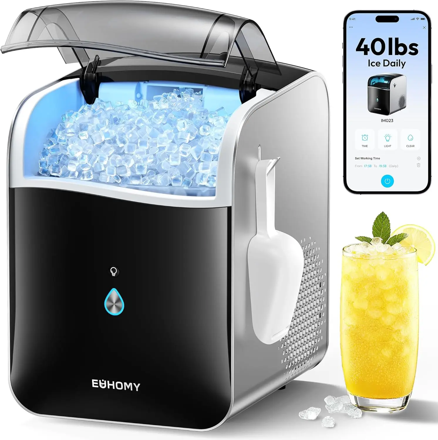 

Smart Countertop Nugget Ice Maker with App Control, 40lbs/24H, Self-Cleaning, Portable for Home Kitchen Office