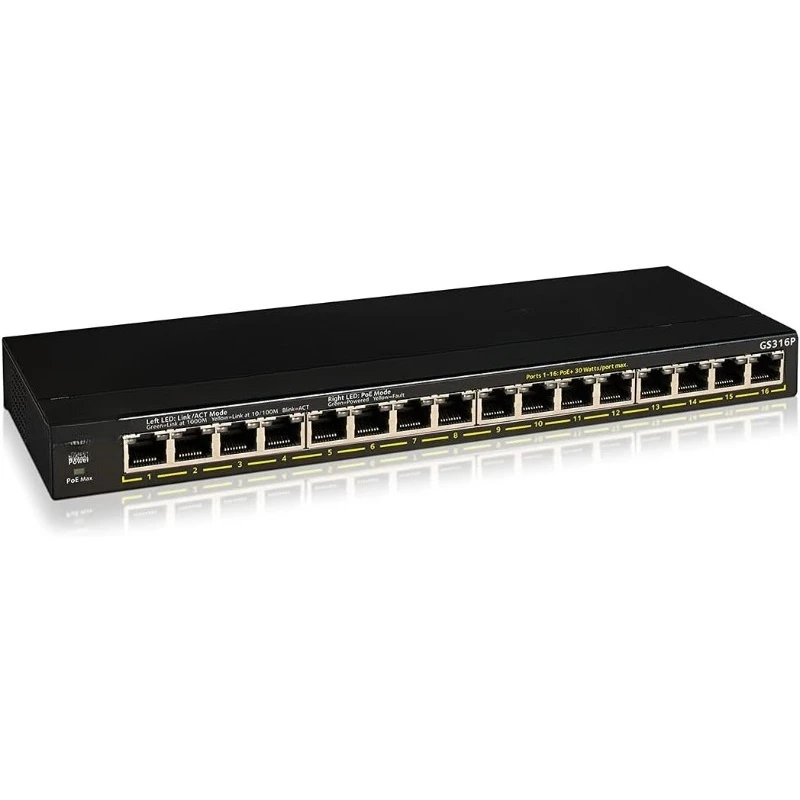 

16-Port PoE+ Gigabit Ethernet Unmanaged Essentials Switch (GS316P) - with 16 x PoE+ @ 115W, Desktop or Wall Mount