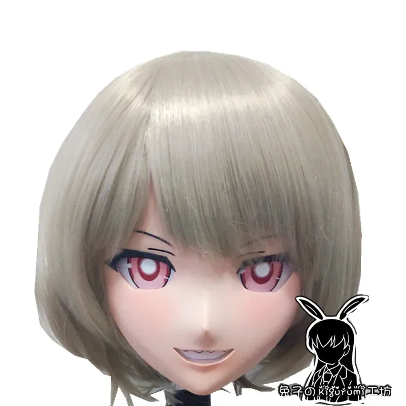 (B13) Handmade Custom Head Mask with Backshell Crossdressing Silicone Anime Kigurumi Cosplay Mask with Silver Hair Wig