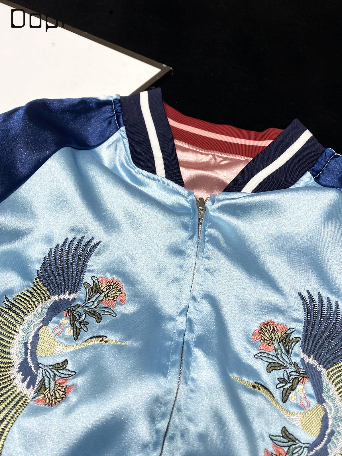 Korea Chic Heavy Embroidery Satin Baseball Jacket Reversible Imitation Satin Glossy Patchwork Loose Casual Jackets for Women