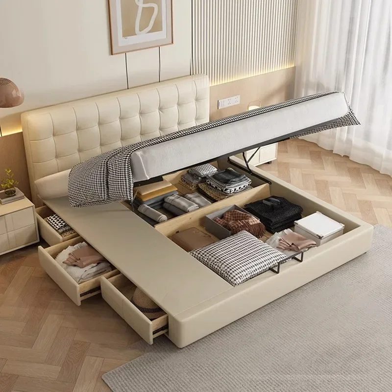 

Italian Light Luxury Leather Bed Small Unit Cream Style Storage and Storage High Box Bed 1.8m Double Bed with Drawers