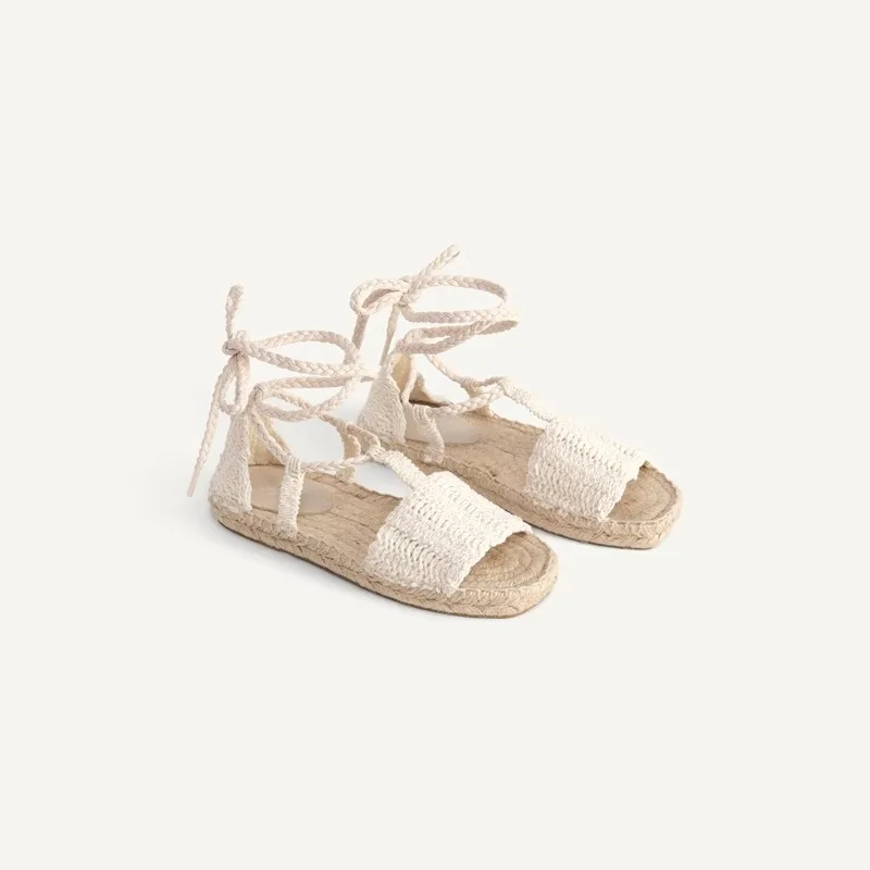 Sweet Girls Flats Sandals Women Summer Hemp Sole Cane Straw Fisherman Shoes Bohemian Ankle Strap Flat with Roman Sandalias Mujer