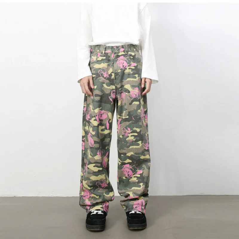 

KIDWHXR Man Denim Pant American Printed Loose Male Camouflage Jean High Street Mid Waist Casual Versatile Men Straight-leg Pant