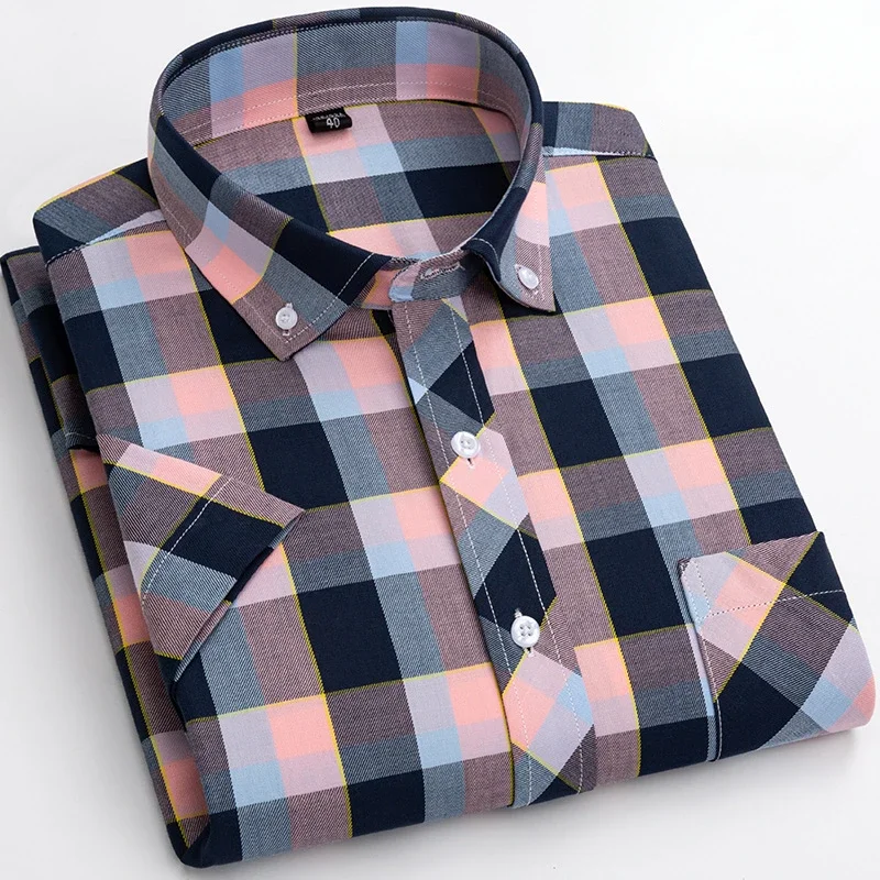 New in shirt plus size 8xl 100%cotton short sleeve shirts for men slim fit casual plain shirt thin plaid korean popular clothes
