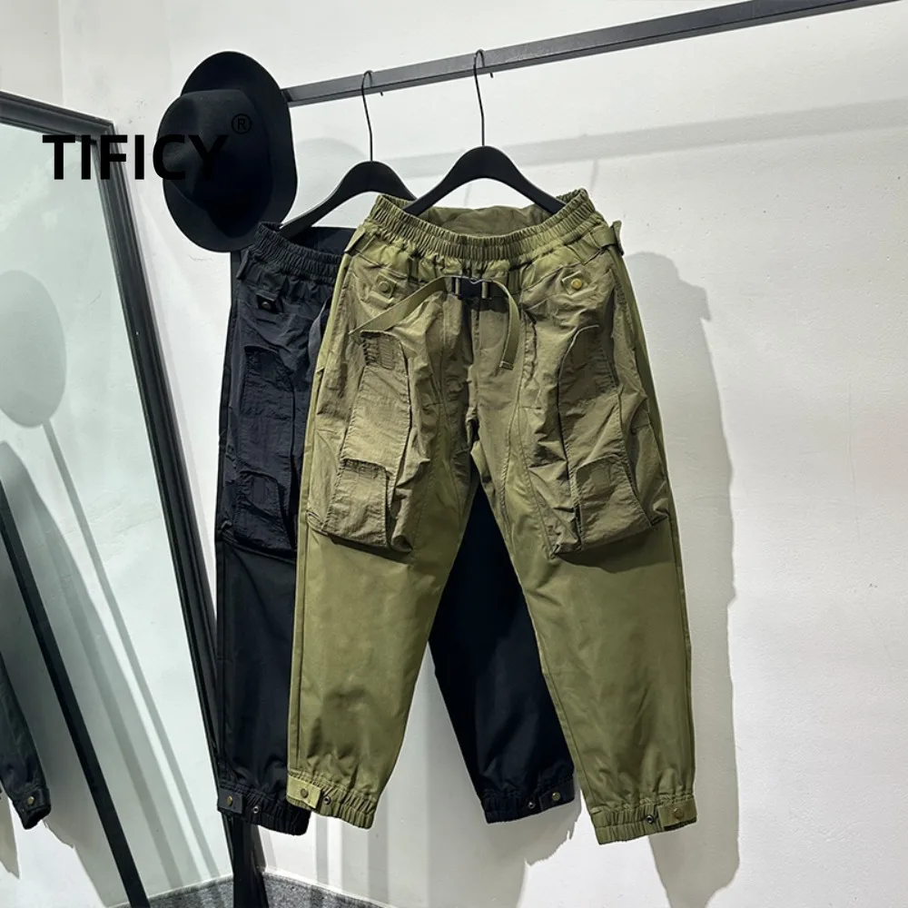 

Брюки High Street, мужская модная рабочая одежда, свободные брюки до щиколотки с несколькими карманами, высококачественные и универсальные повседневные брюки в стиле ретро для улицы