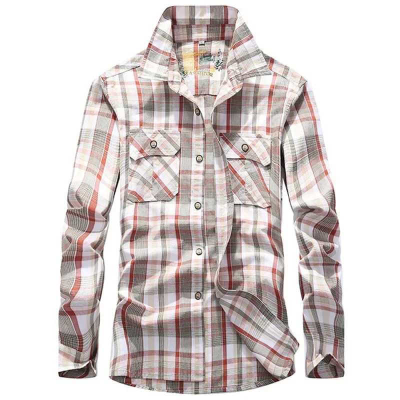 Plaid Shirt Men Army  Long Sleeve Camisa Masculina Plus Size 4XL 100% Cotton Casual Mens Shirts Chemise homme