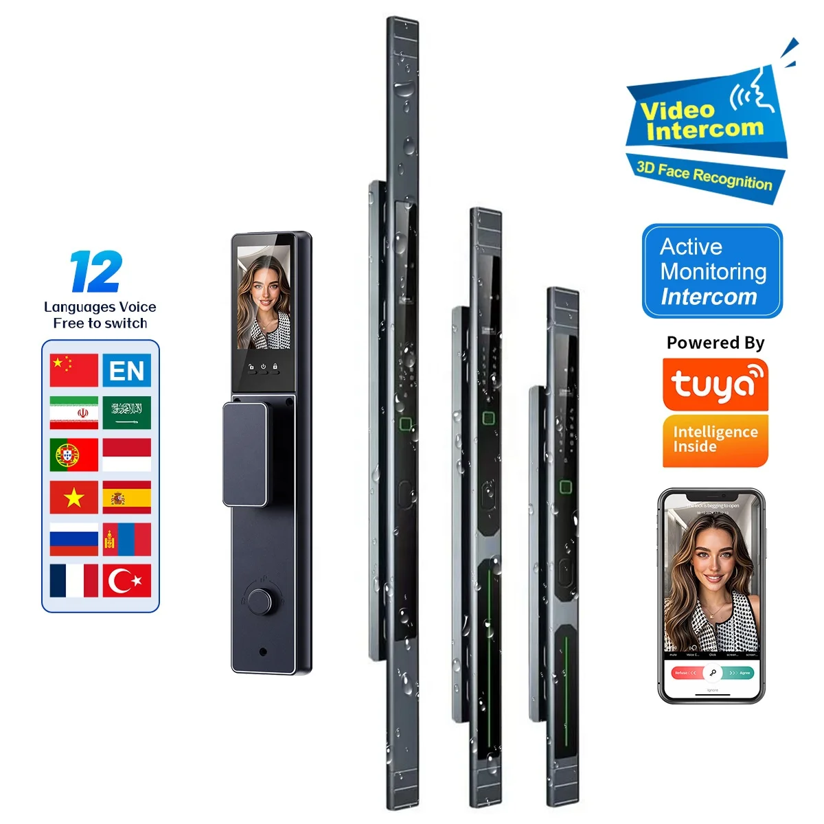IP67 Rated Digital Video Smart Lock, 3D Facial Palm Biometric Recognition, Compatible with Tuya WiFi RFID
