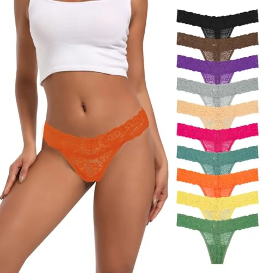 

10 Pack Sexy Lace Thongs For Women, Seamless Low Rise Cotton Womens Panties Thongs Underwear No Show Plus Size