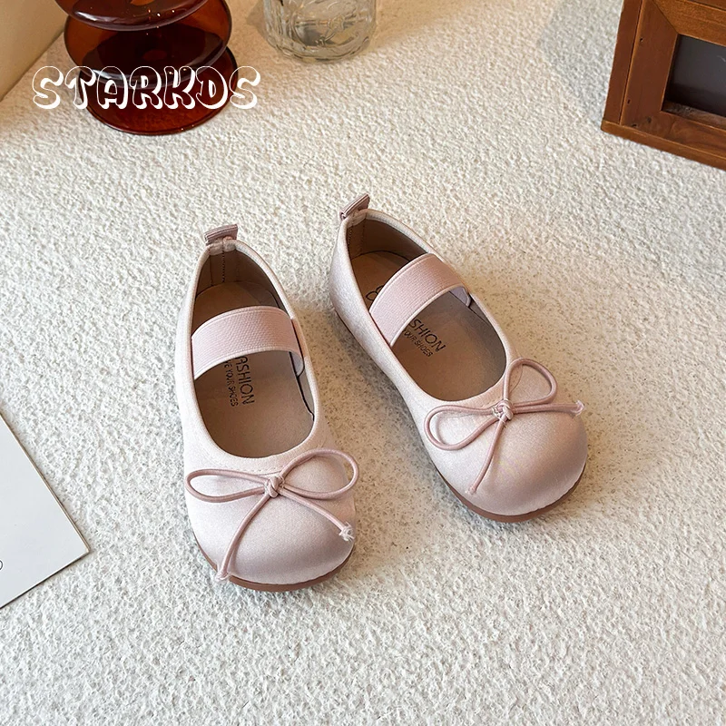 Luxury Satin Silk Ballet Shoes For Kid Girls Classic Round Toe Bowtie Elastic Band Ballerina Flats Baby Child Soft Loafers Pink