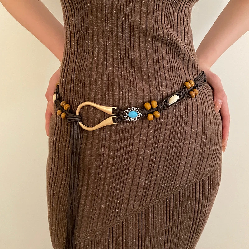 حزام منسوج يدويًا على الطراز العرقي العتيق للنساء، سلسلة خصر مزخرفة، حزام بوهيمي Y2K متعدد الاستخدامات