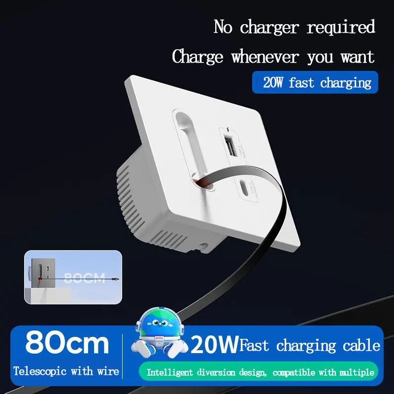Concealed 86-type USB Panel Socket Multi-function EU PD 20W Charging Type-c Fast Charging With Retractable Cable For Home Use