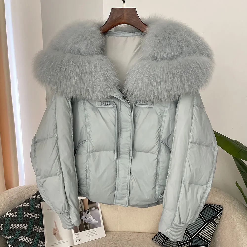 Real Fox Fur Collar Natural Thick Warm Duck Down Coat Short Outerwear Streetwear Loose 2024 Winter Fur Jacket Women Big