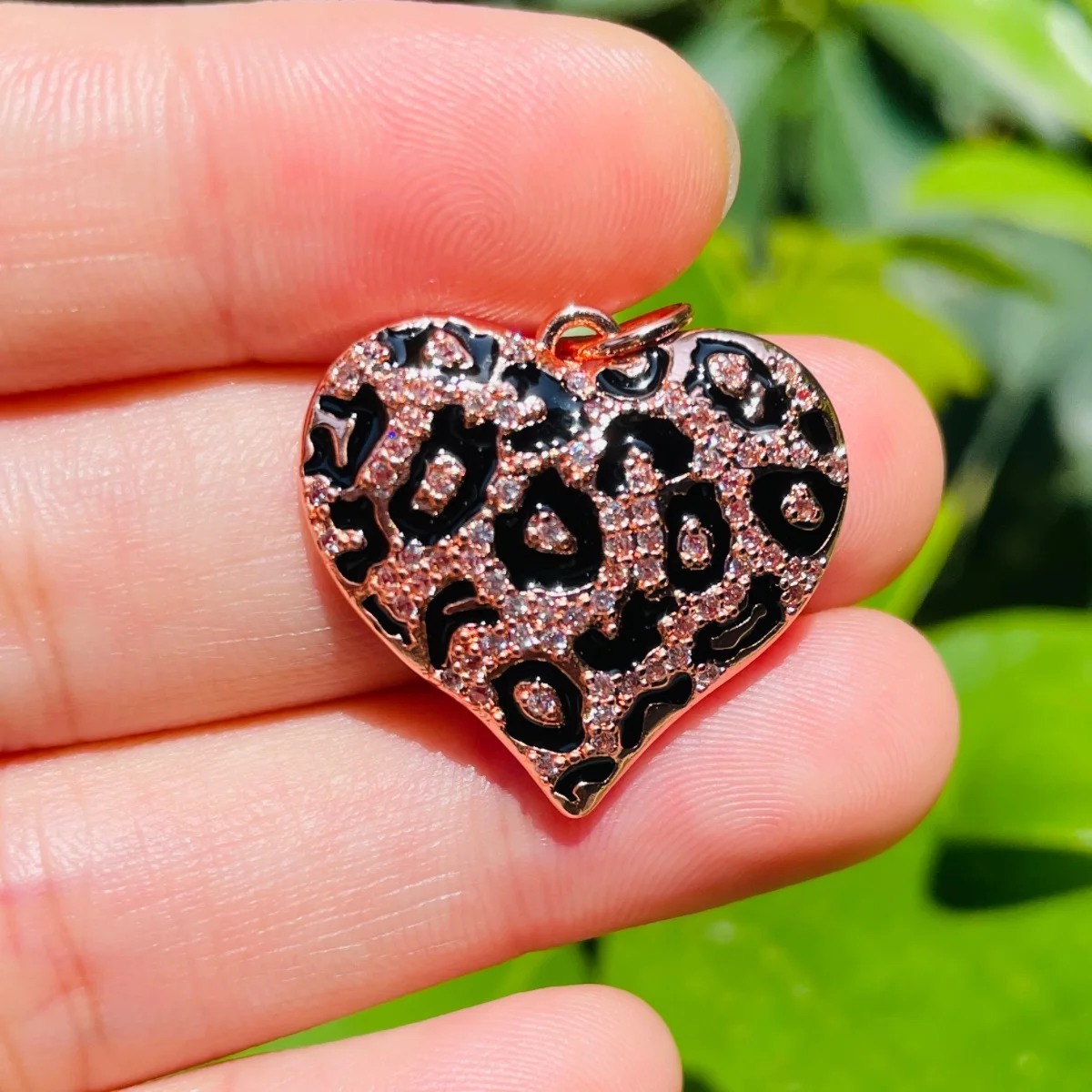 5pcs Enamel Black Leopard Print Heart Charms for Women Bracelet Making Zirconia Pave Pendants for Girl Necklace Jewelry Handmade