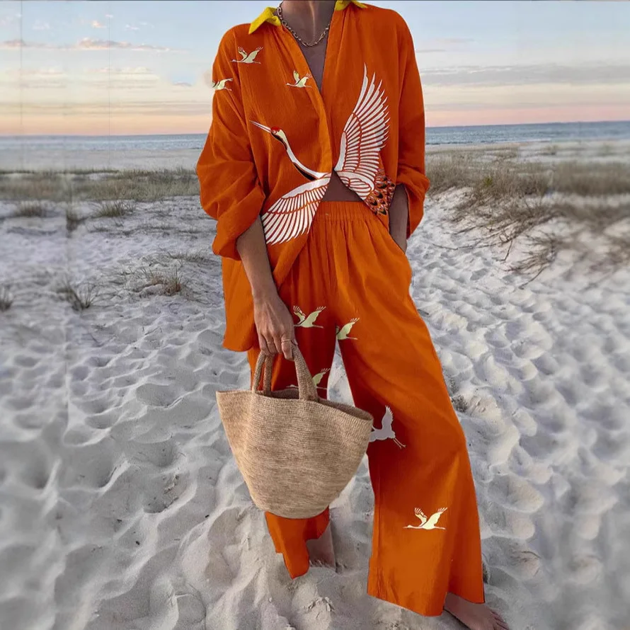 

Casual Printed Retro Button Long Sleeve Shirt Pocket Wide Leg Pants Suit Women 2025 Summer Bohemian Shirt Trousers Suit Women