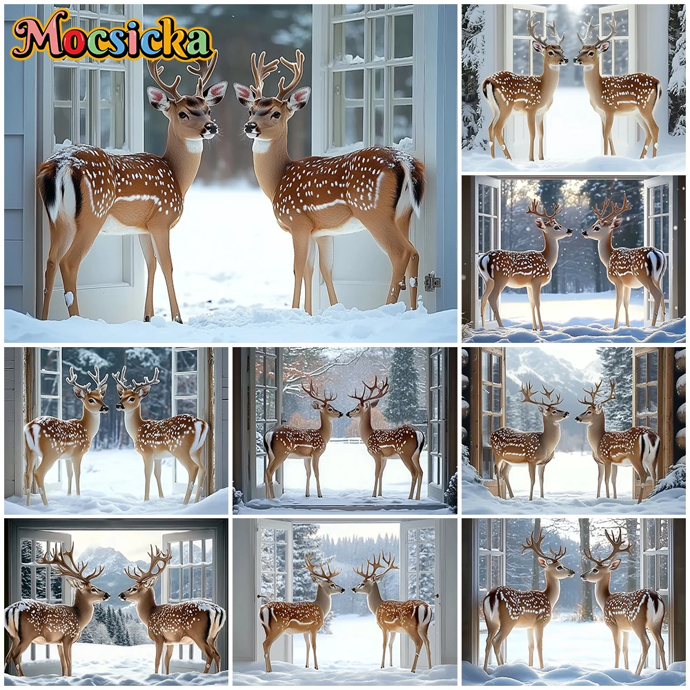 

Mocsicka Winter Snow Photography Background New Year Christmas Party Sika Deer Door Decoration Children Photo Backdrop Wallpaper
