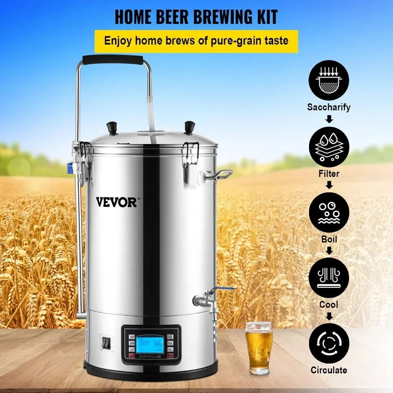 VEVOR Electric Brewing System,9.2 Gal/35 L Brewing Pot,All-in-One Home Beer Brewer w/Pump,Mash Boil Device w/Panel,Auto/Manual