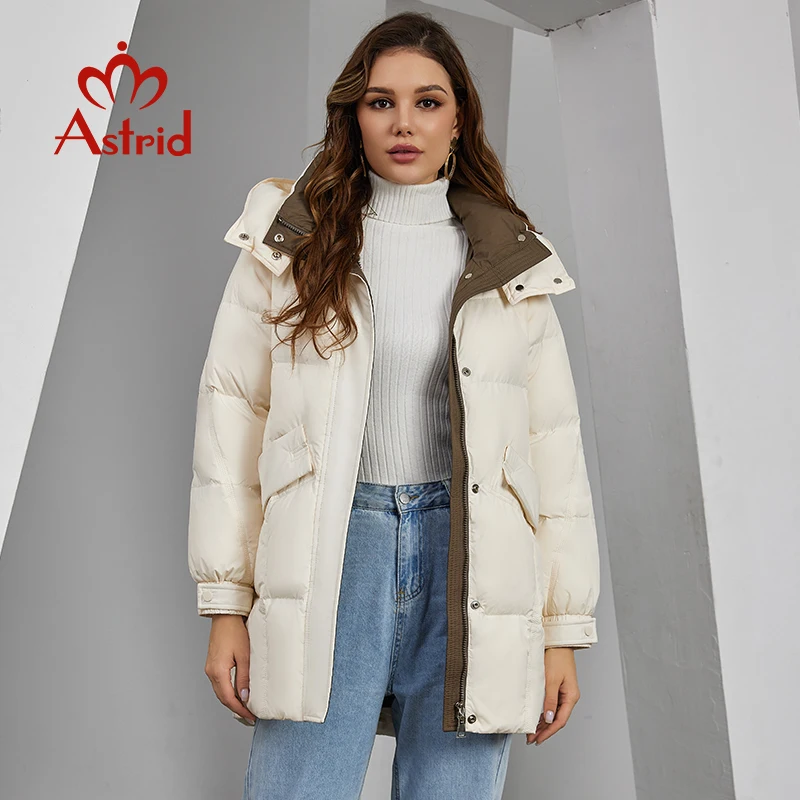 Astrid Women\'s Winter Jacket Hooded Contrast Color Mid-Long Parkas Padding Puffer Quilted Coat Down Jacket Thick Female Clothing