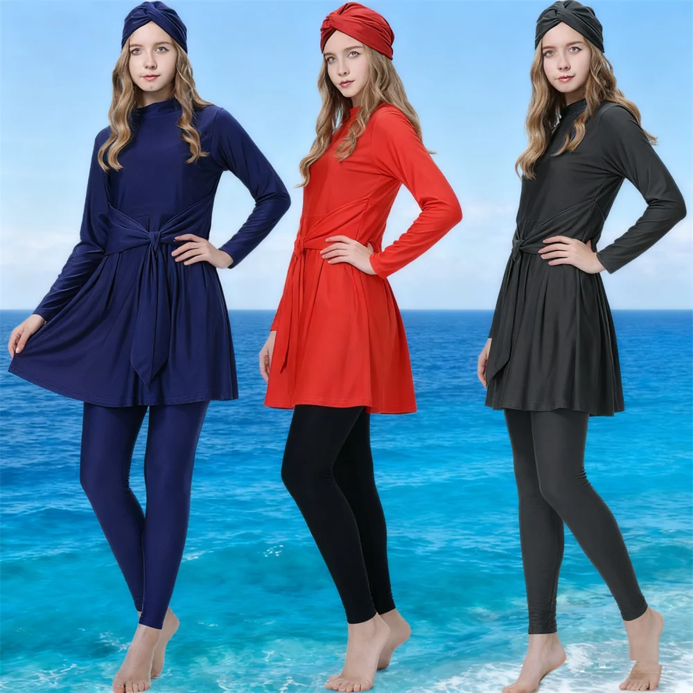 

Мусульманские купальники женские 2025 скромный лоскутный хиджаб с длинными рукавами спортивный купальник исламский сплошной цвет буркини с высоким воротом купальник