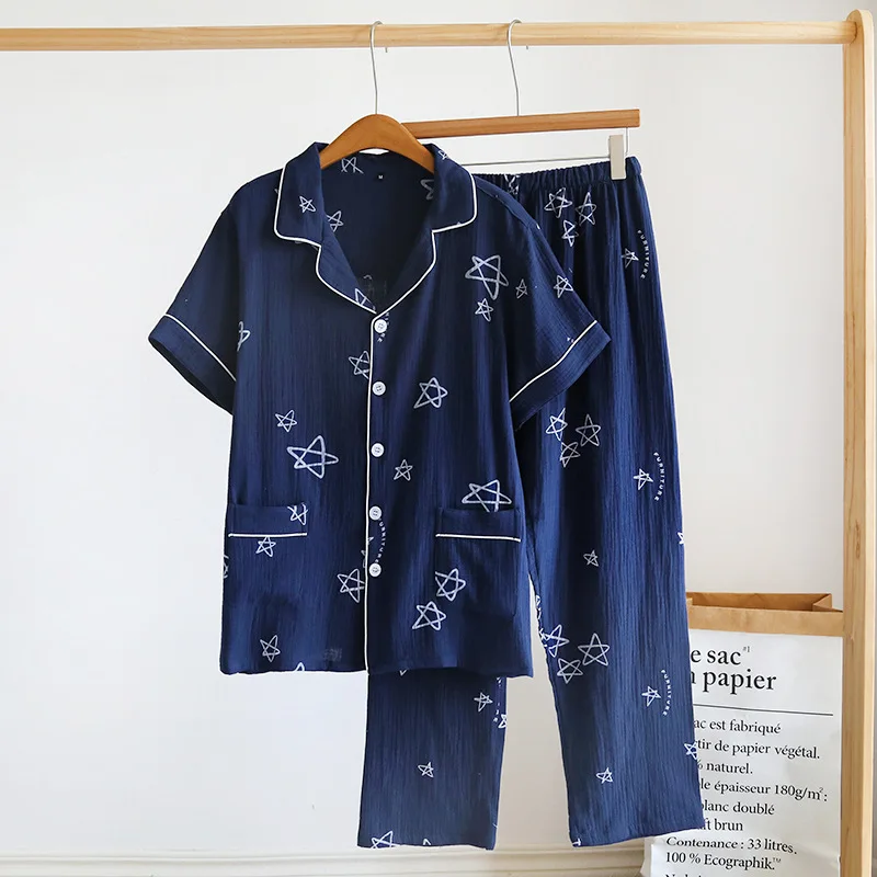 Men's Trousers Pajamas Sets for Summer and Autumn Cotton Short Sleeved Stars Geometric Print Cardigan Pijama Hombre Homewear Set