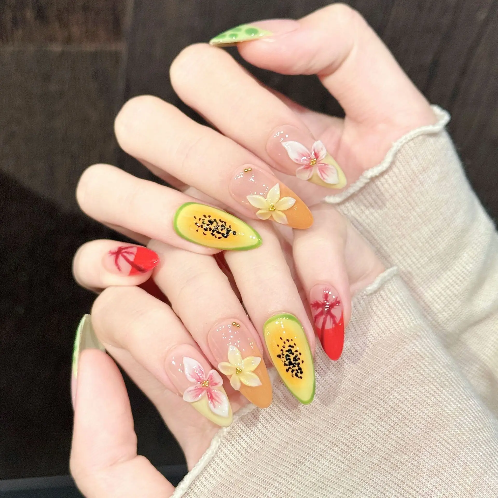 10pcs Summer Beach Series Press On Nails Hand-painted 3D Tropical Flower Designs False Nail French Style Almond Fake Nail Tips