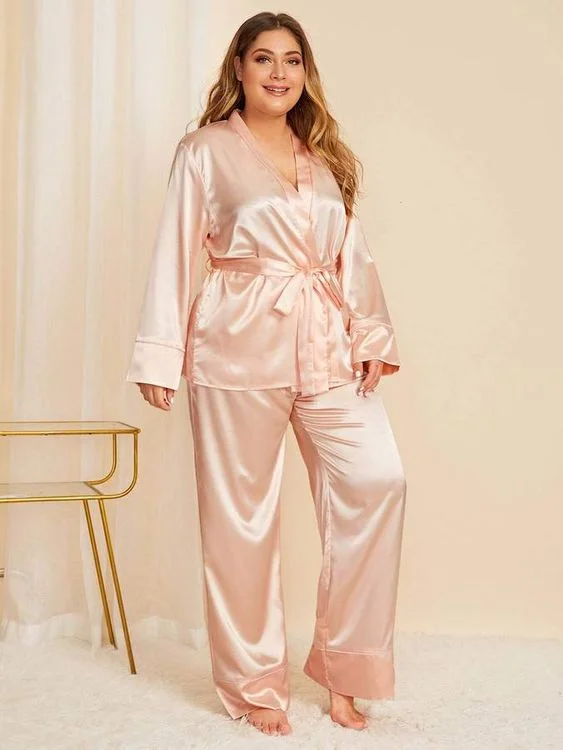 Womens Plus Size Satin Pajama Set With Belt Pink  Soft Loungewear Robe 2 Piece Pjs Lounge Set