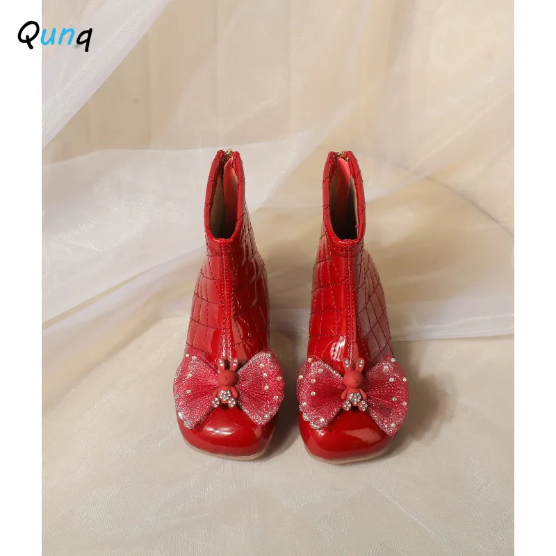 

Qunq Girls 2023 Autumn Winter Children's Plush Red Princess kids Shoes Soft Sole Short Leather Martin Boots shoes for girls