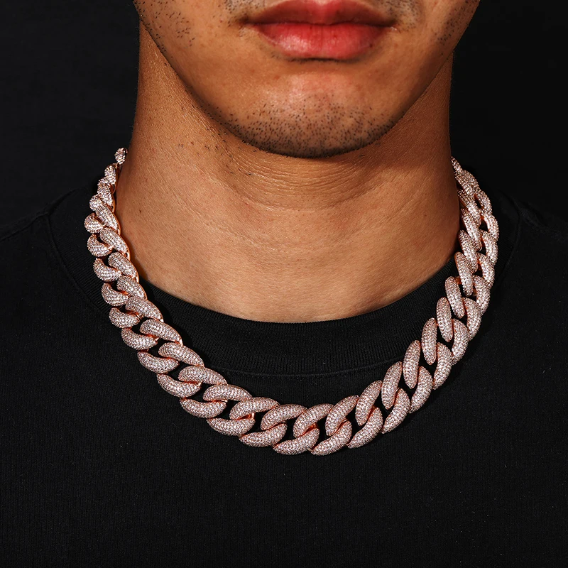20mm Big Heavy Hip Hop 5A+ CZ Stone Paved Bling Iced Out Rose Gold Round Cuban Miami Link Chain Necklaces for Men Rapper Jewelry