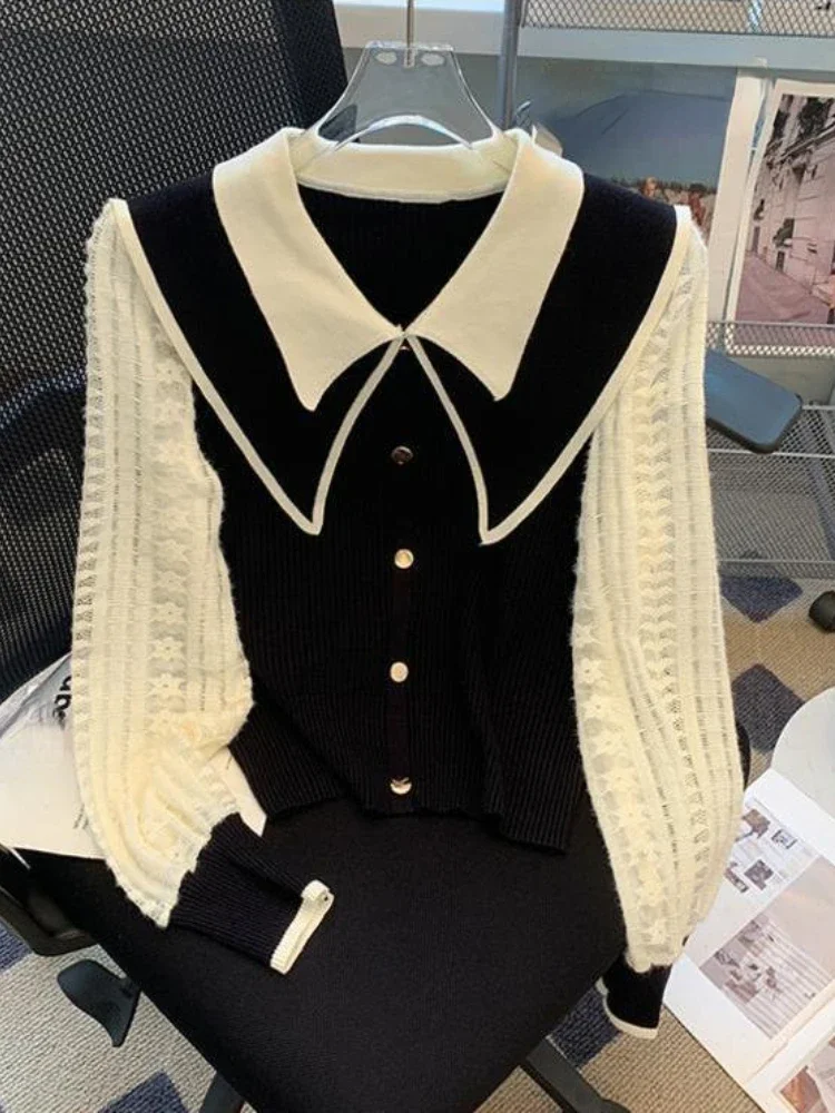 Fashion Design Thin Sweaters Fake Two Piece Contrast Color Peter Pan Collar Puff Sleeve Pullovers Plus Size Women Clothing 2024