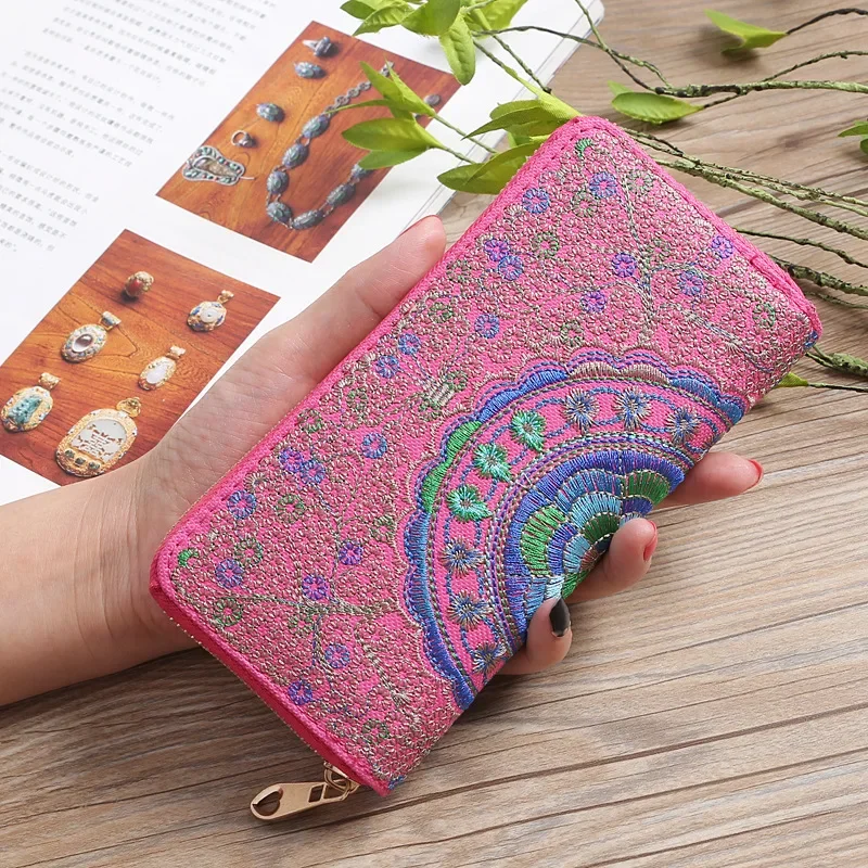 

Ethnic Style Embroidery Ladies Wallets Rose Pattern Long Clutch Cloth Money Bag Large Capacity Phone Pocket Women Coin Purse