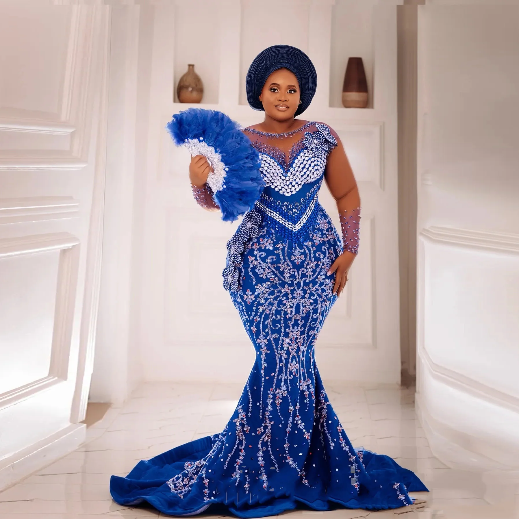 

Luxury Royal Blue Rhinestones Nigerian Formal Party Dress Floral Evening Gowns Full Sleeves Long Mermaid Beaded Prom Dresses