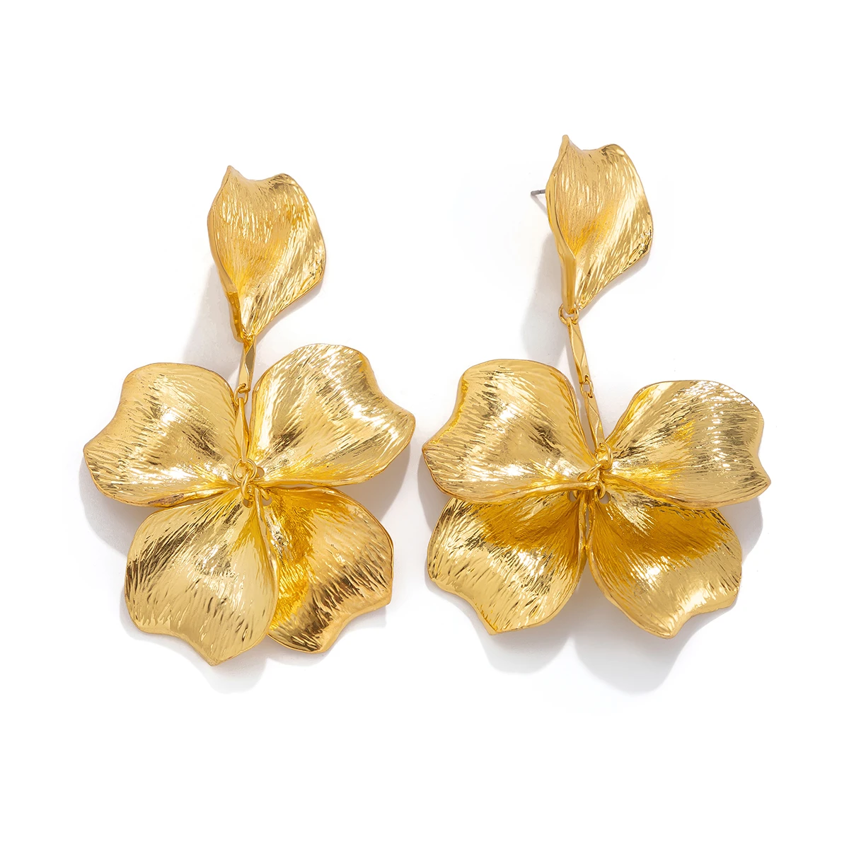 KunJoe Elegant Bright Gold Color 3d Flower Pendant Earrings for Women Luxury Leaves Petals Drop Earrings Ladies Wedding Jewelry