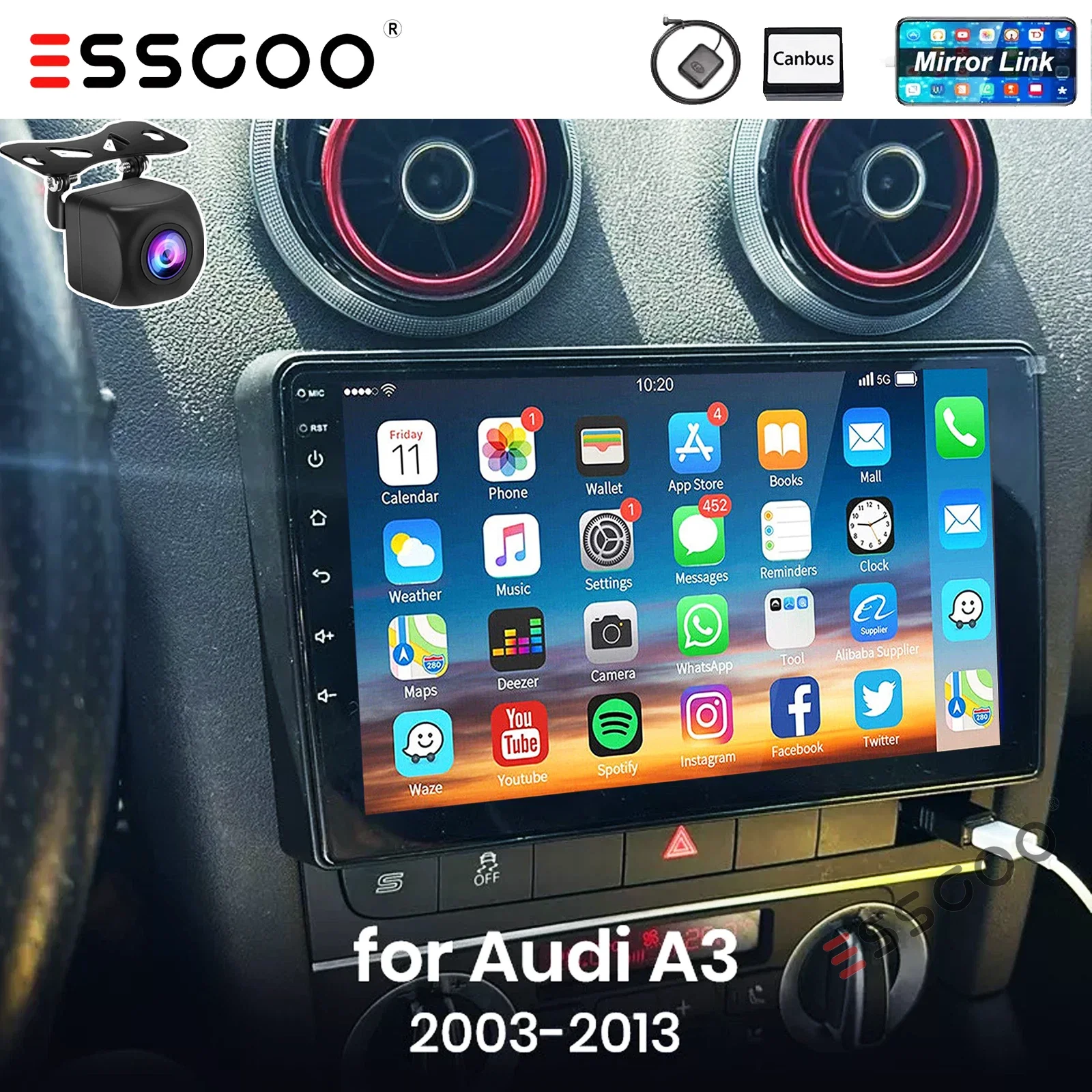 ESSGOO 9 "Android 15 Carplay AndroidAuto Stereo Per Auto Lettore Multimediale Radio GPS SAT Navi Wifi BT FM RDS Per Audi A3 8P 2003-2013