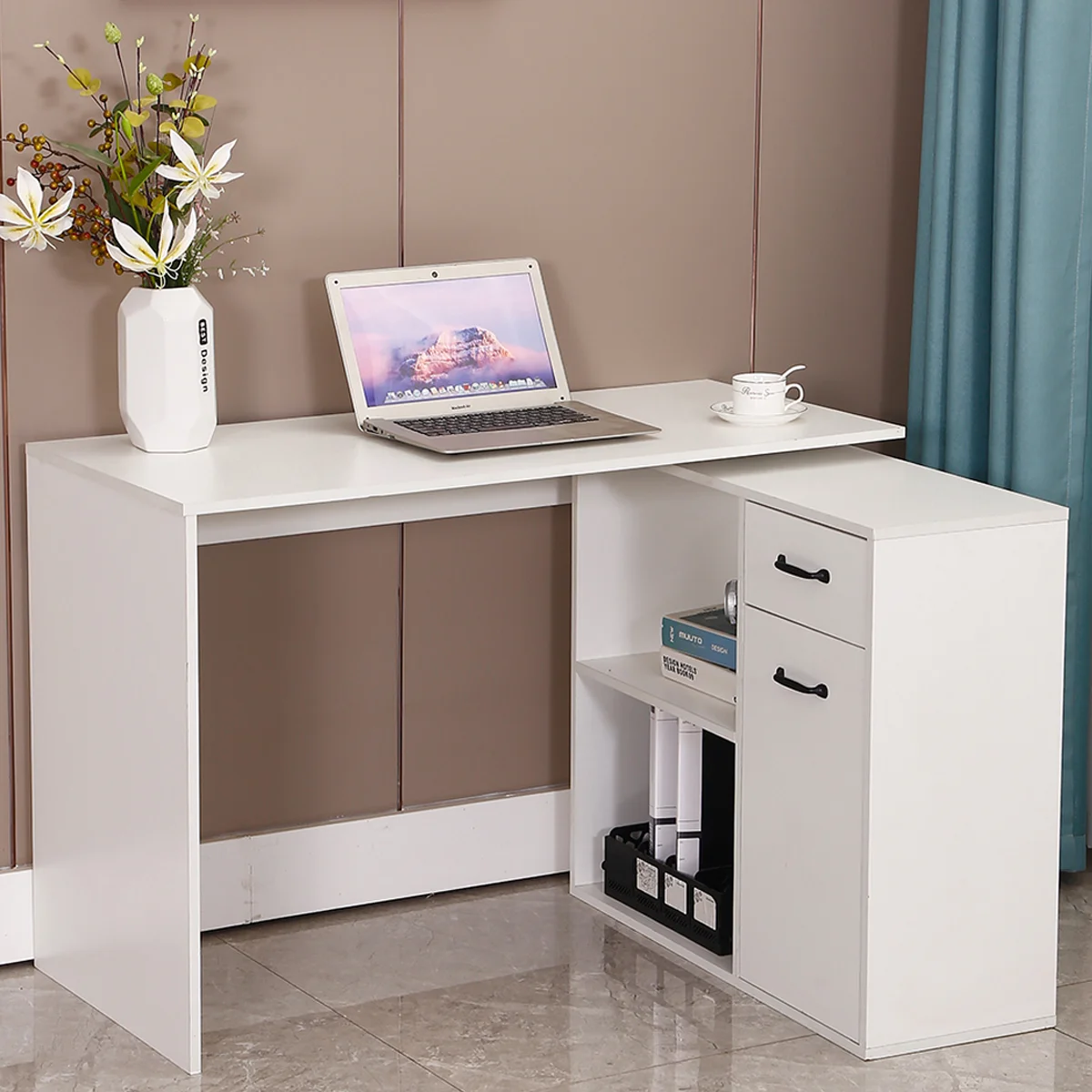 

68 inch L-Shaped Rotating Computer Desk with Storage Shelves Modern Executive Corner Office Desk with 2 Drawers and File Cabinet