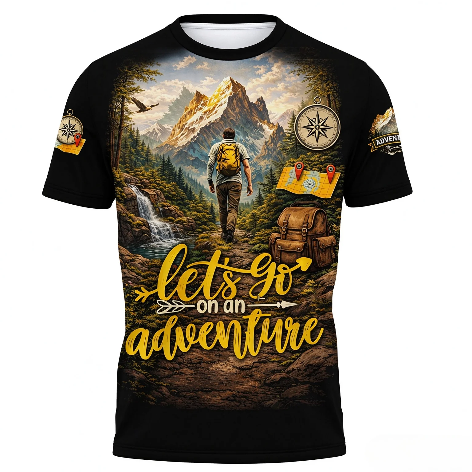 Men Mountain Adventure T-Shirt, Quick Dry & Breathable. Hiker Waterfall Print for Trail Walking and Nature Lovers Casual Outfit