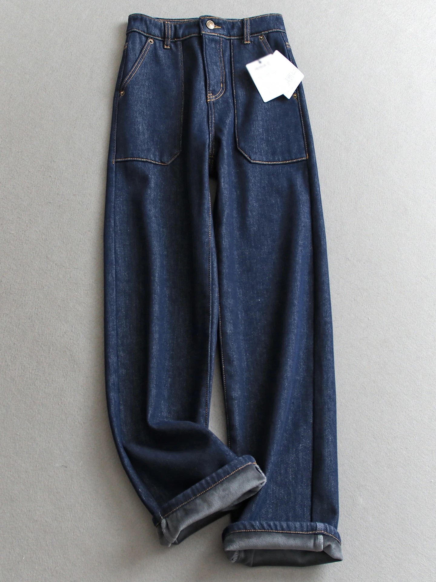 

High Waist Thickened Fleece Wide Leg Jeans Women's Denim Blue with Big Pockets Flattering for All Leg Types Casual Style