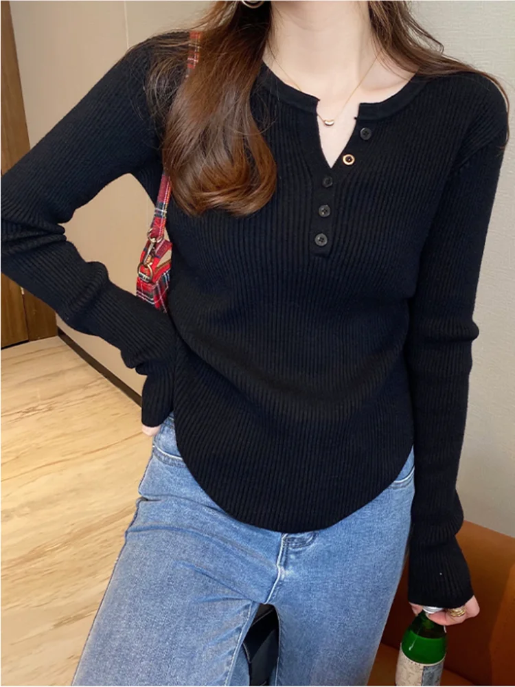 Odzież damska jesień-zima Swetry Jednolite Kolory Dekolt w Serek Guziki Podstawowe Krótkie Pulowery Moda Koreańska Proste Swetry Damskie