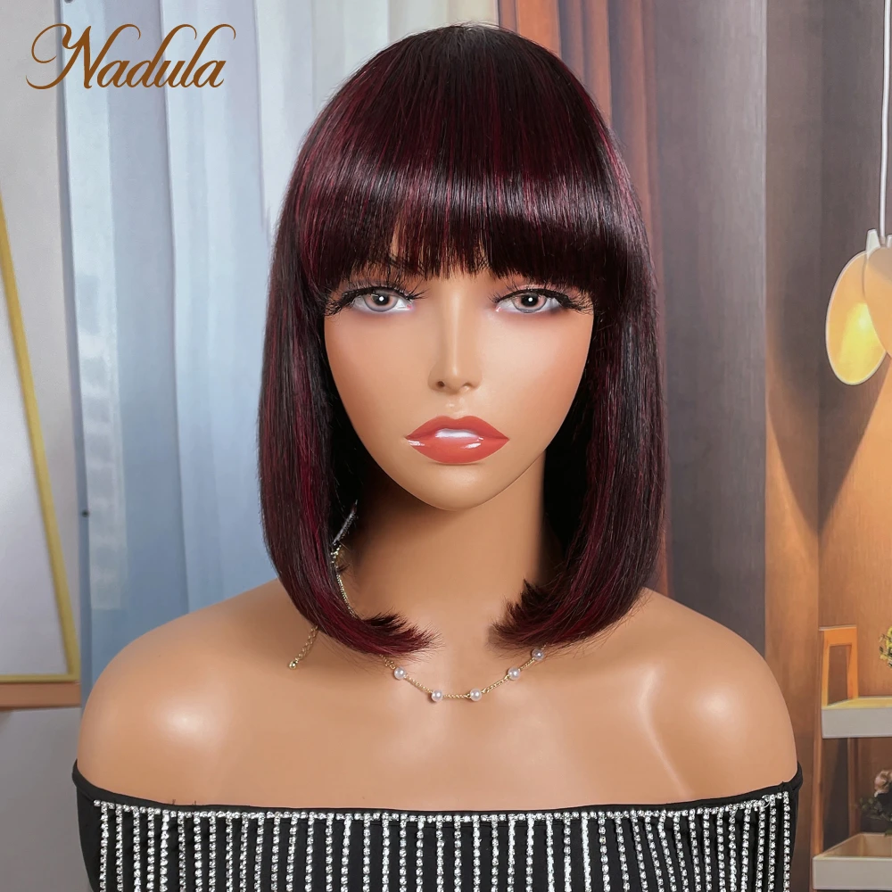 Nadula Hair Dark Burgundy Color Straight Bob Wig With Bangs 100% Human Hair Wig Short Sleek Bob Wig Machine Made Wig