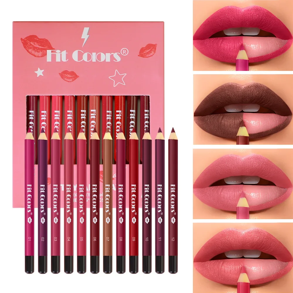 Fit Colors 12 cores batom lápis delineador labial conjunto não pegajoso à prova d'água de longa duração veludo fosco mousse delineador labial rechonchudo