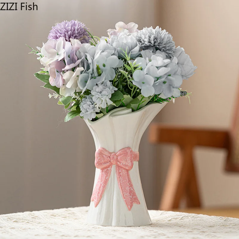 Lovely Bow Knot Ceramic Vase Bouquet Shape Flower Pot Table Decoration Flowers Arrangement Floral Vases Room Aesthetic Decor