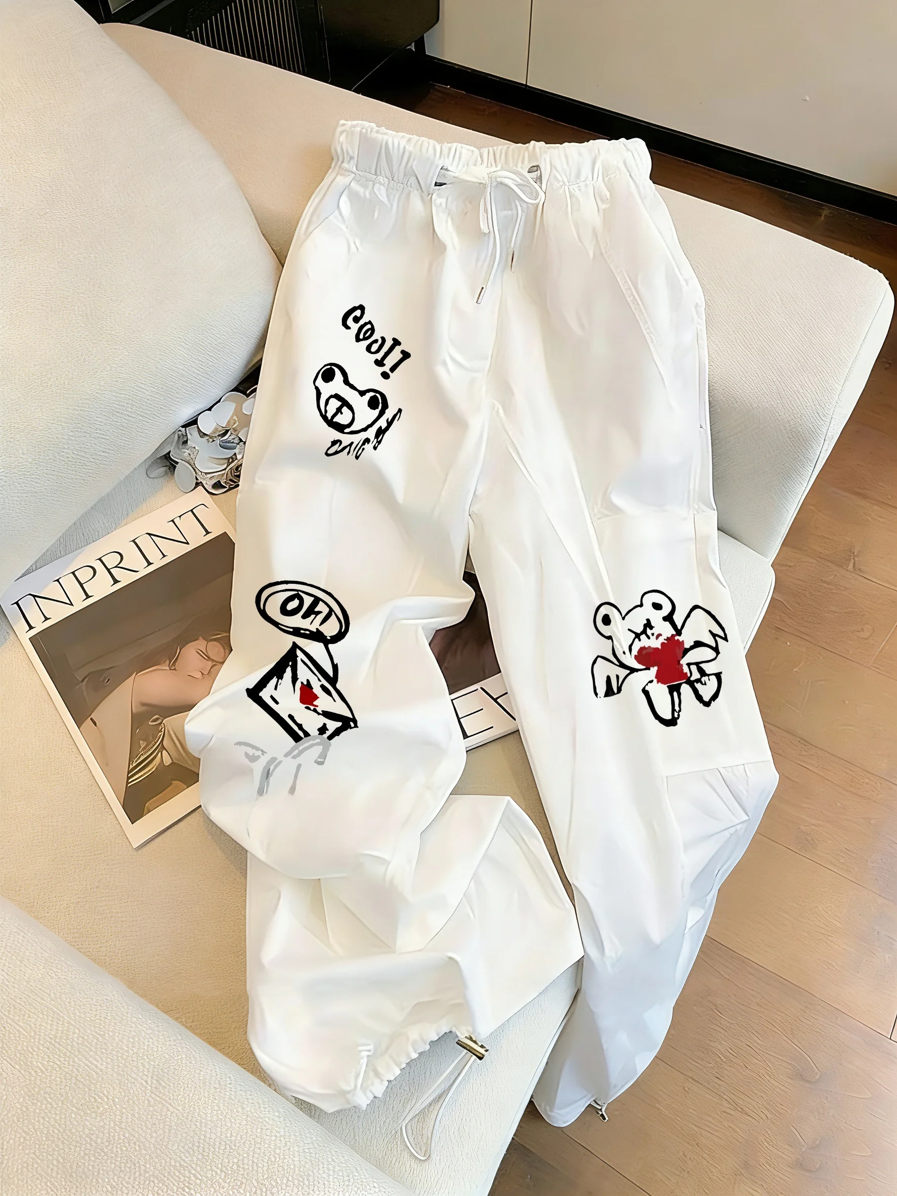 

Trendy American Lazy Style White Drawstring Sports Casual Pants Unisex Summer Design Loose Match All Elastic Waist Pants